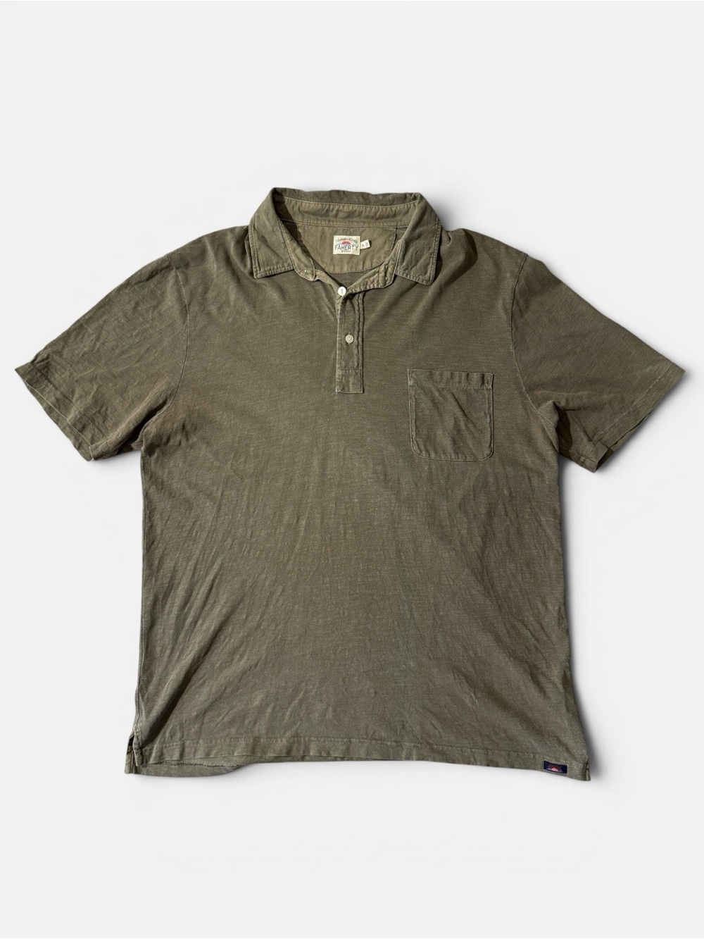 Faherty mens XL olive green solid 100% cotton short sleeve polo shirt EUC